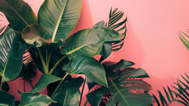 Green and colored tropical leaves on bright colorful background