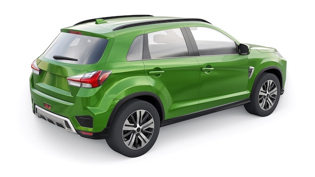 Green compact urban SUV on a white uniform background with a blank body for your design 3d rendering