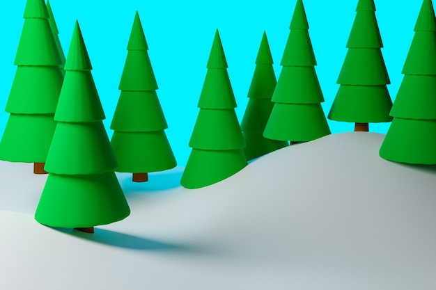 Green coniferous trees in a winter forest with large snowdrifts.