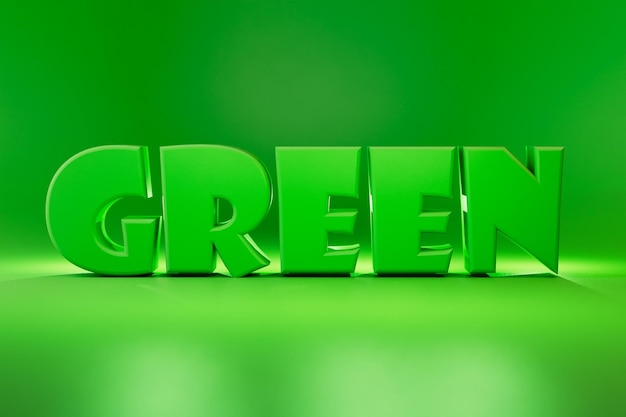 Photo green consisting of large three-dimensional letters on a green glossy  illuminated with neon