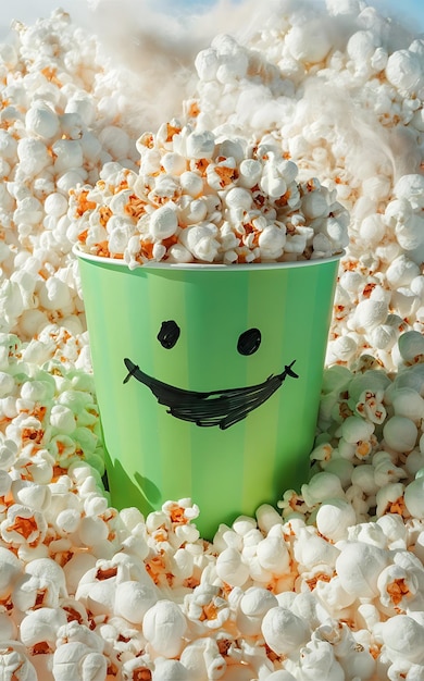 Photo a green container filled with popcorn that has a smiling face drawn on it