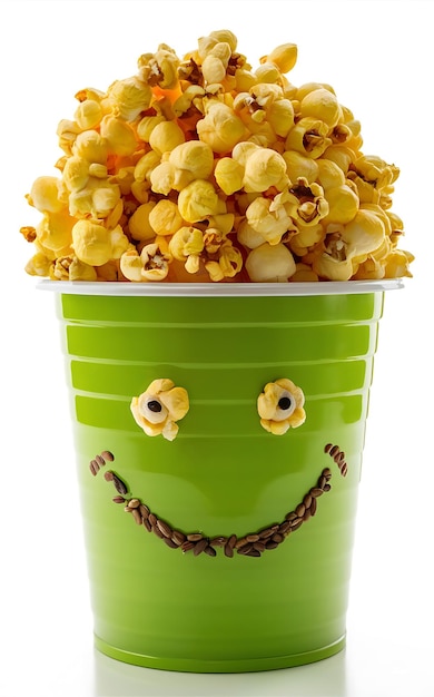 Photo a green container filled with popcorn that has a smiling face drawn on it