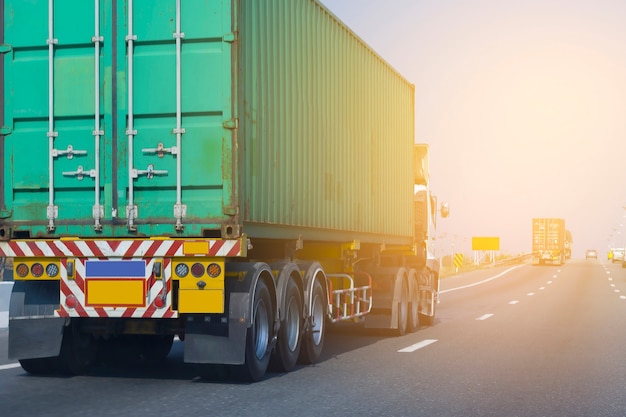 Green Container truck on road