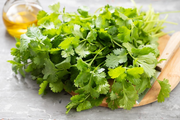 Green coriander on wooden board with knife