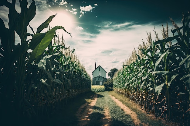 Green corn farm farmland with perfect skies Illustration AI Generative