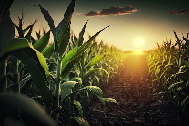 Green corn field in agricultural garden and light shines sunset