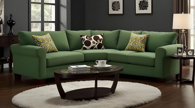 a green couch with a coffee table and a coffee cup on it