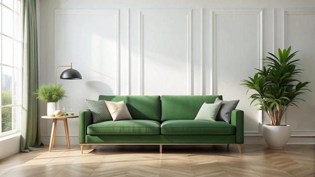 a green couch with a green couch and a lamp