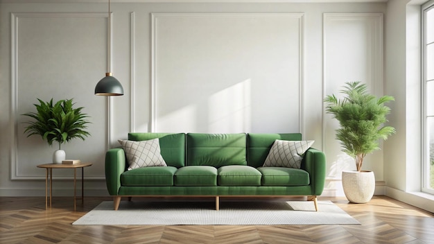 a green couch with a green cushion and a lamp on it