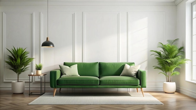 a green couch with a green cushion sits against a white wall