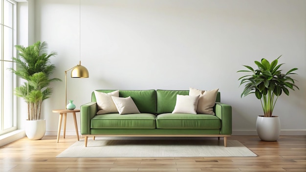 a green couch with a green sofa and a lamp