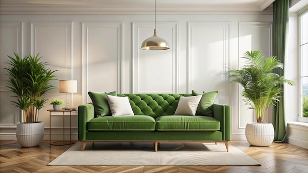 a green couch with a lamp hanging from the ceiling