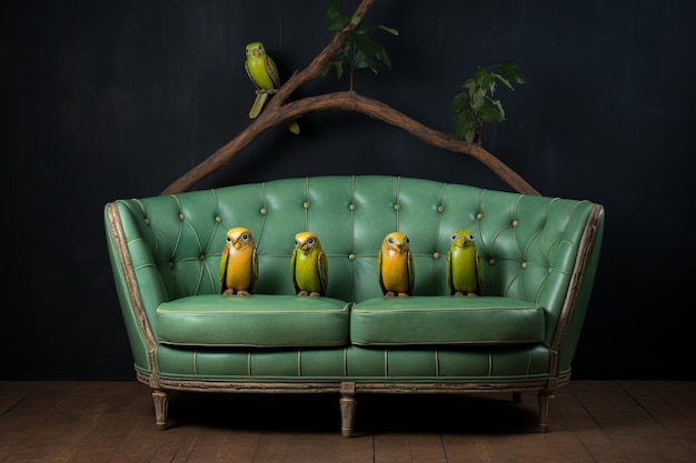 Photo a green couch with parrots on the back and a black background