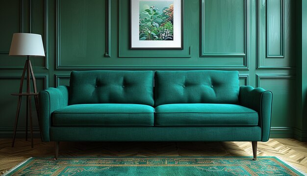 Photo a green couch with a picture of a tree on the wall