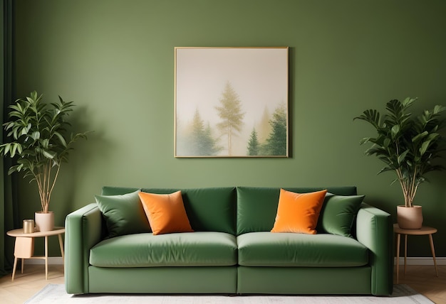 A green couch with a picture of trees and a painting on the wall