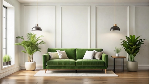 a green couch with pillows and a green couch with a plant in the corner