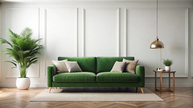 a green couch with pillows and a green lampshade