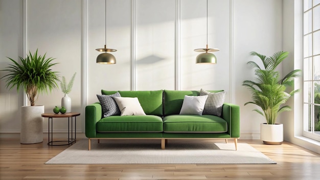 a green couch with pillows and a green sofa with a green sofa and a plant in the corner