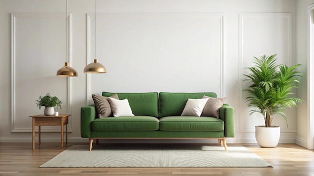 a green couch with pillows and a green sofa with a plant in the corner