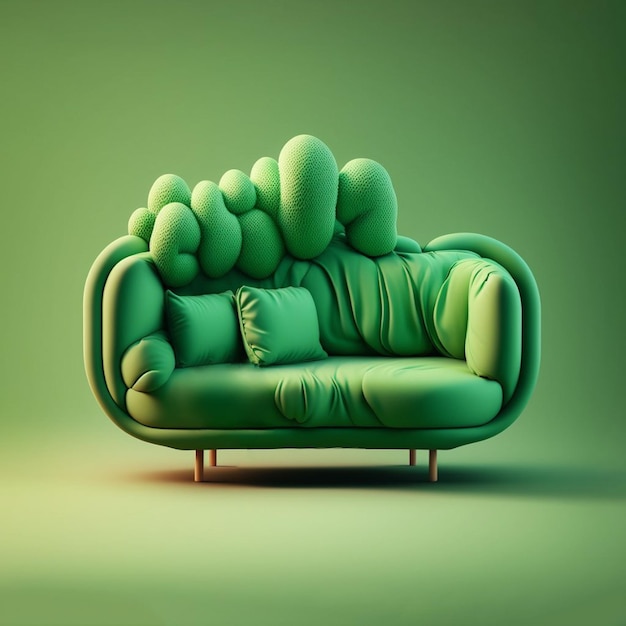 A green couch with pillows on it and the back is green.