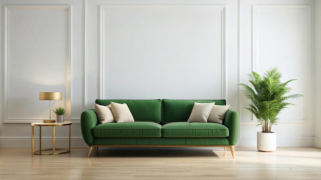 a green couch with pillows on it and a green couch with a gold frame