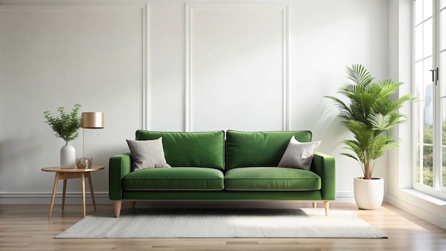 a green couch with pillows on it and a green couch with a plant in the corner