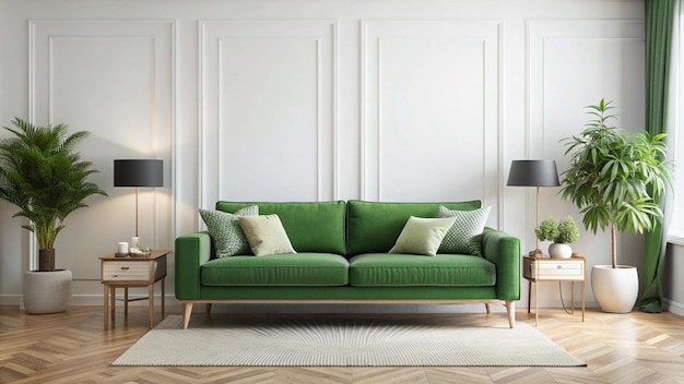 a green couch with pillows on it and a green sofa