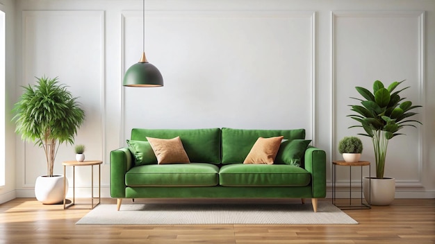 a green couch with pillows on it and a lamp above it