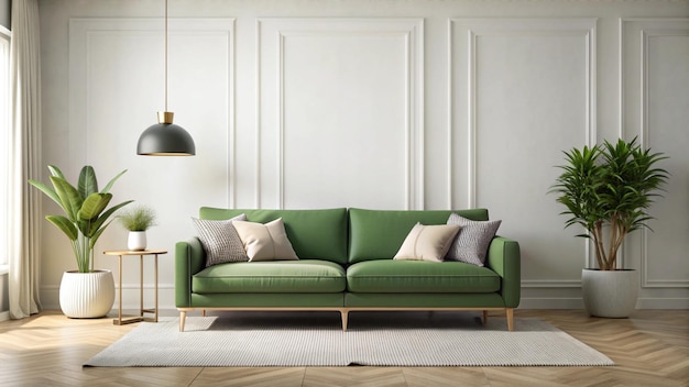 a green couch with pillows on it and a lamp on the table