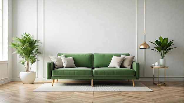 a green couch with pillows on it and a lamp on the wall behind it