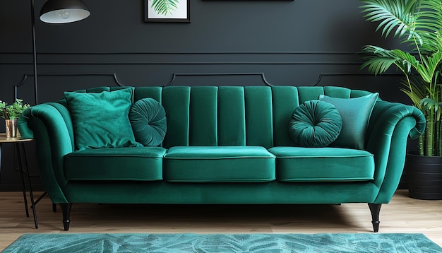 Photo a green couch with pillows on it and a picture of a green couch