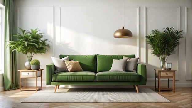 a green couch with pillows and a lamp on it