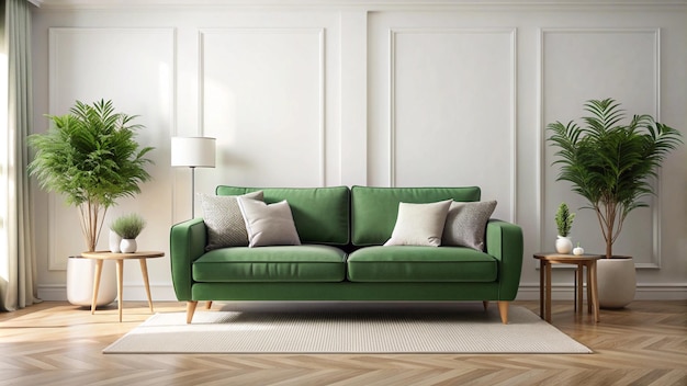 a green couch with a white pillow and a green couch with a white lamp on it