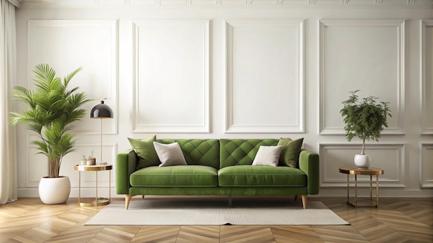 a green couch with white pillows and a green sofa