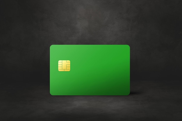 Green credit card template on a black concrete background 3D illustration