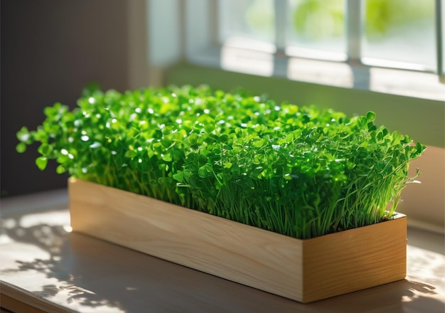 Green cress grows in a box on the windowsill