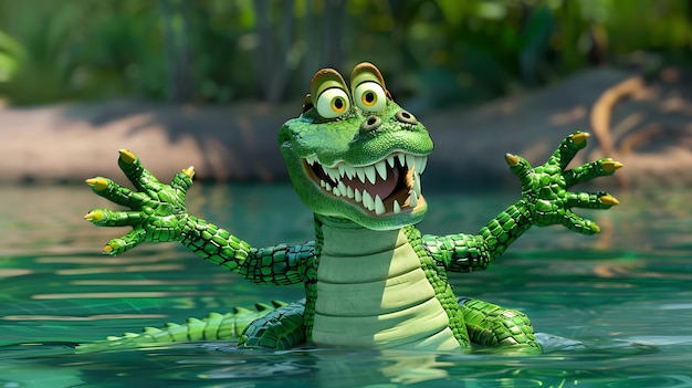 Photo a green crocodile with a big smile on its face is in the water