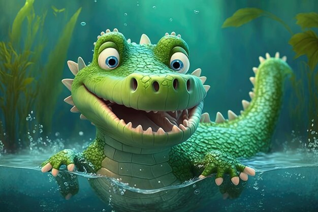 A green crocodile with a white nose is swimming in the water.