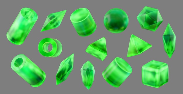 Green crystal geometry shape set isolated on gray background 3d rendering without AI generated