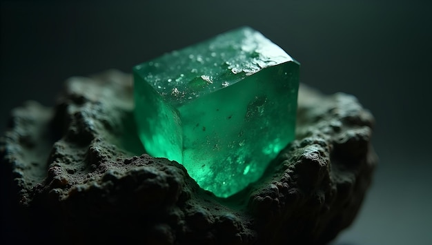 a green cube that is sitting on a rock