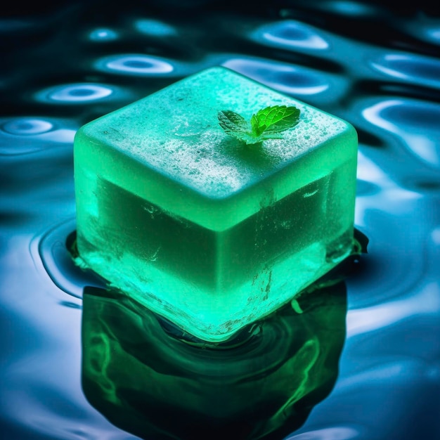 A green cube with a leaf on it is floating in the water.