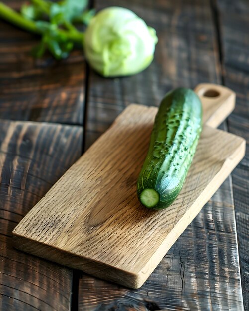 Photo a green cucumber on a cutting board with a wooden board with the word cucumber on it