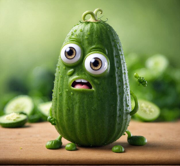 Photo a green cucumber with a face and eyes on a table