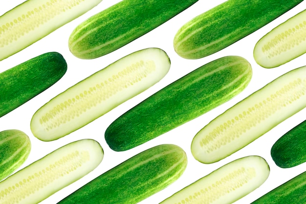 Green Cucumber with slices isolated on white background