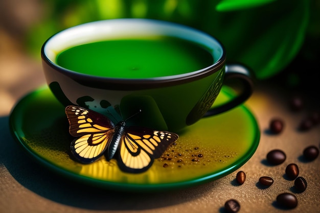 A green cup of coffee with a butterfly on it