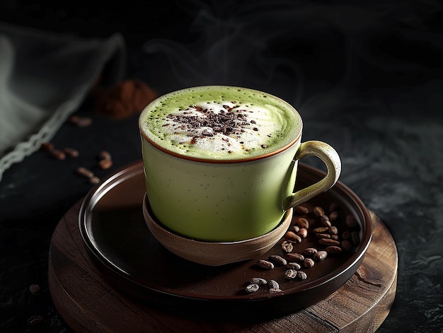 a green cup of coffee with coffee beans on a plate