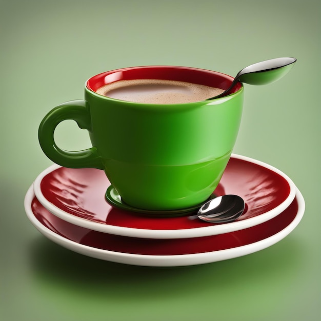 a green cup of coffee with spoon and spoon on a saucer