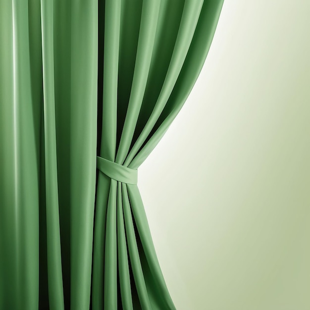 a green curtain that is open to a window