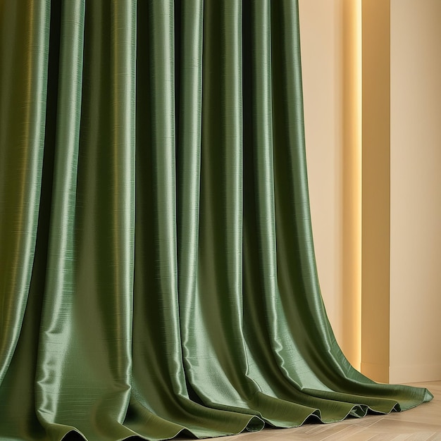 a green curtain that is rolled up with a green curtain