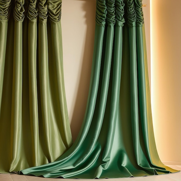 green curtains that are on a wall with a yellow wall